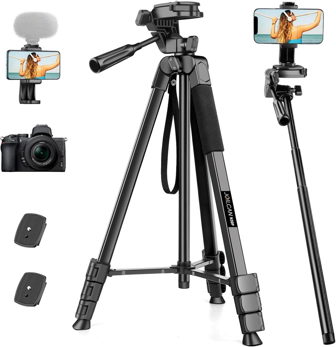 SnelShoppen - 83" Hoog Statief voor Camera en Smartphone, Aluminium Camera Tripod met 3-Weeg Pan Head, 37.8" Monopod Selfie Stick met Afstandsbedienin