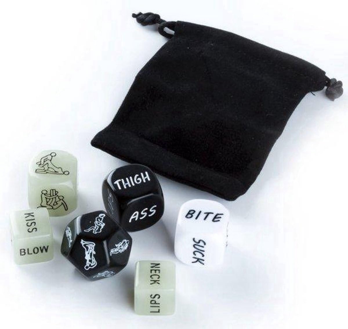 Thijox - Sex Dobbelstenen Set 6 Stuks - Glow in the Dark & Zwart/Wit - Spannend Valentijns Cadeau voor Koppels - Inclusief Fluwelen Opbergzakje
