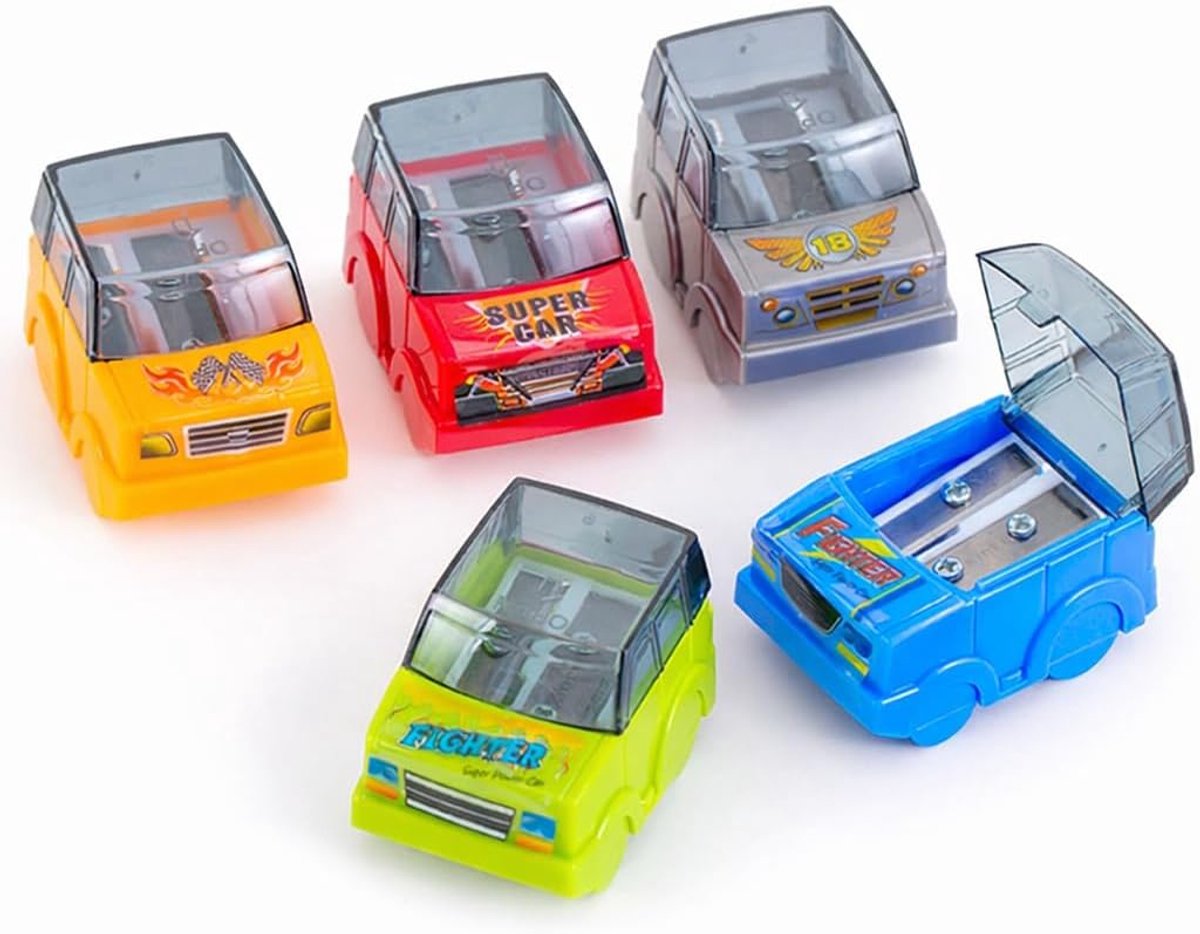 SnelShoppen - 5 Stuks Puntenslijper met Reservoir in Autovorm - Handmatige Puntenslijper voor Kinderen - Draagbare Potloodslijper voor School en Thuis