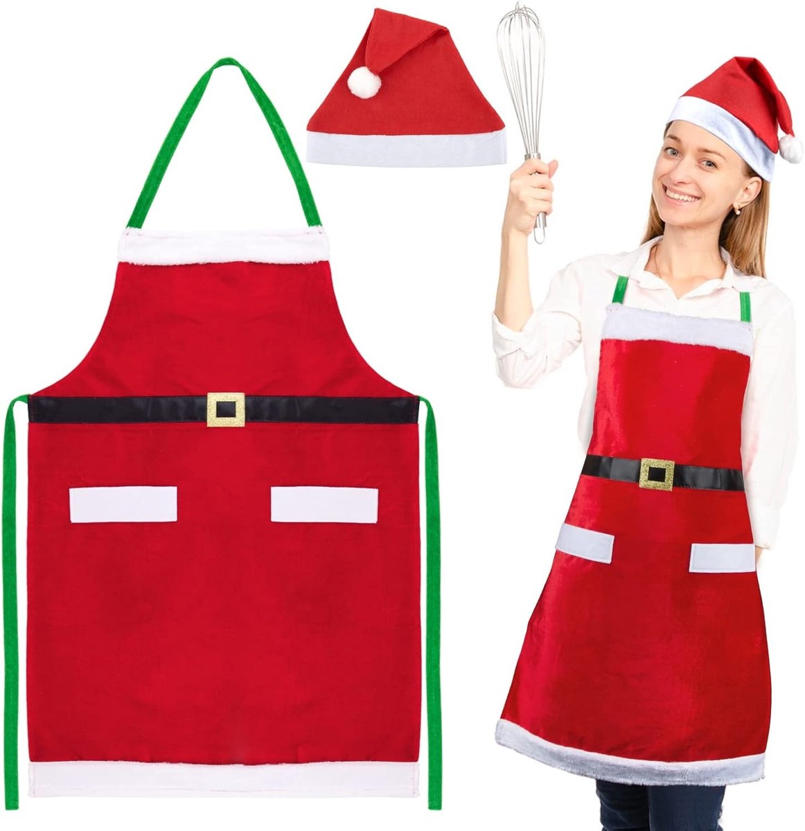 Kerstschort in het rood met kersthoed - Kookschort van polyester voor mannen en vrouwen, ideaal voor kerstkostuums, carnaval en themafeesten.