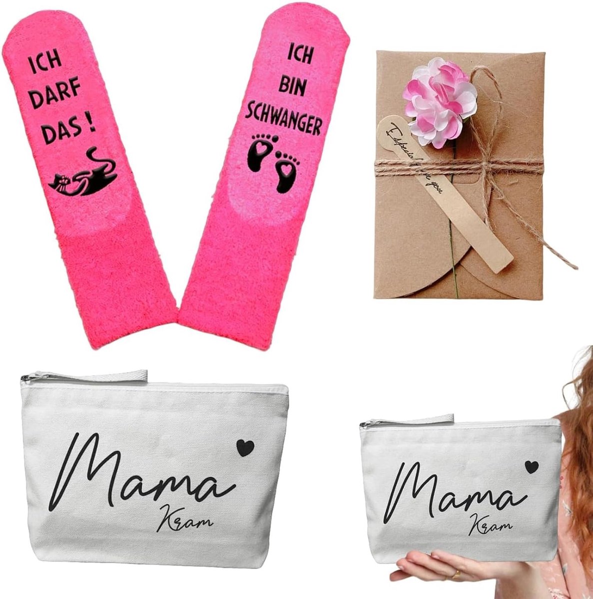Cadeauset voor aanstaande moeders | Inclusief canvas make-up tas, zachte sokken en bloemenkaart | Perfect kraamcadeau voor de toekomstige moeder