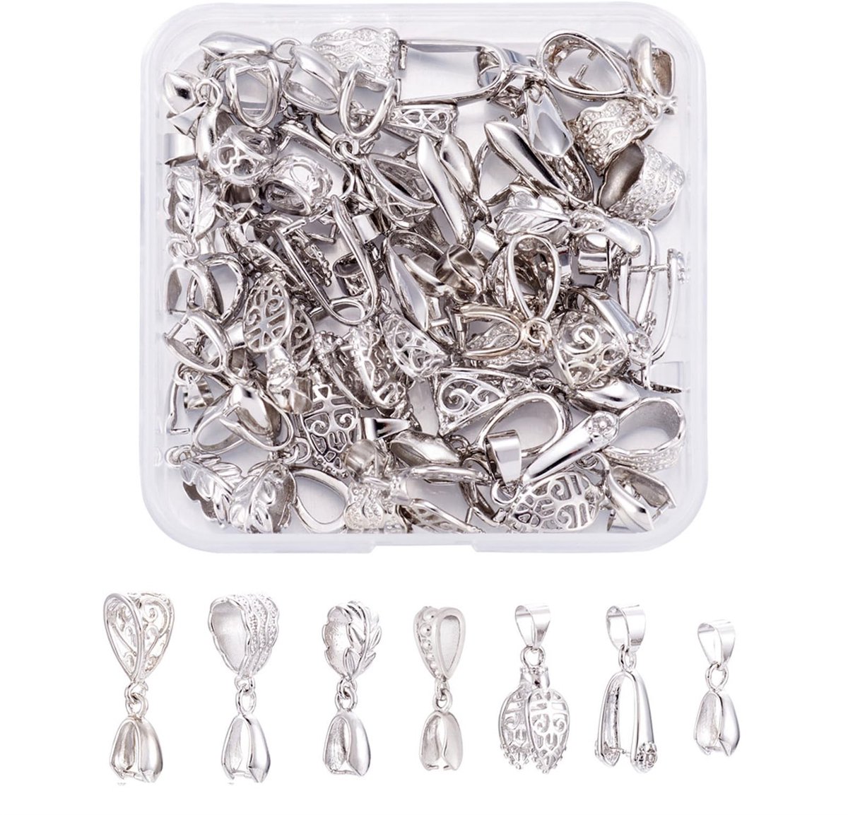 Inovra- Kraal 48 Stuks - Knijpsluiting - Hangers - Zilveren Connector - Sieraden Maken - Inclusief Opbergdoos - 8 Stijlen