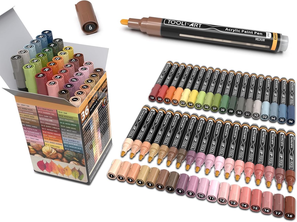 Thijox - Acrylstiften Set van 36 Aardetinten - Medium Puntdikte 3 mm - Niet Giftig en Sneldrogend - Geschikt voor Canvas, Steen en Meer - Creatieve Ma