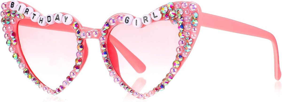 Thijox - Verjaardagshartbril voor dames, roze zonnebril met strass, trendy zonnebrillen voor verjaardagsfeesten, feestaccessoires, zomer, polycarbonaa