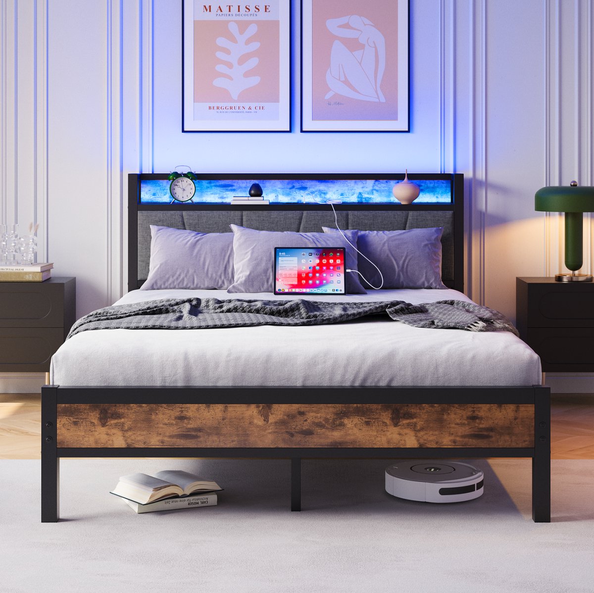 FloraGrace Bed 140x200 cm - Met LED-Verlichting en USB-Laadstation - Opberghoofdbord en Onderbedruimte - Metaal en MDF - Antiek Bruin - Zonder Matras