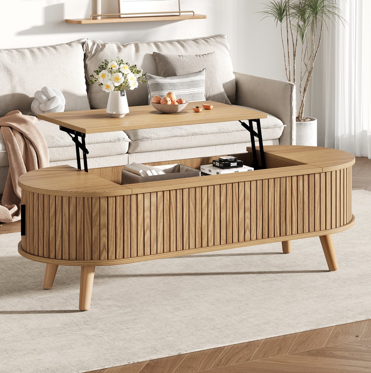 MIVRAY Salontafel - Verstelbaar Tafelblad Met Verborgen Opbergruimte - Voor Woonkamer En Tijdelijk Werken - MDF - 120x50x39,5 Cm - Naturel