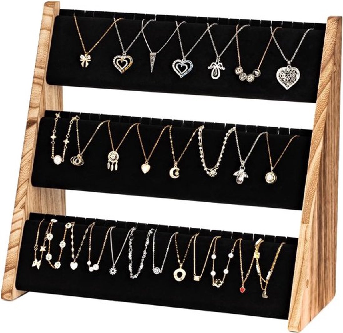 3-laagse kettinghouder, juwelenorganizer van hout en fluweel, sieradenstandaard voor 72 kettingen en armbanden, perfect voor een opgeruimd interieur