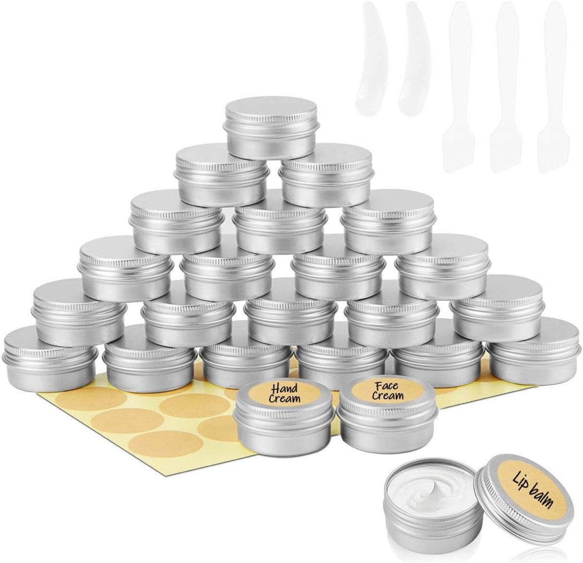 Set van 24 lege aluminium potjes van 20ml voor cosmetica, lotions en mini kaarsen met labels en mini spatel voor opslag van crèmes, poeders en make-up