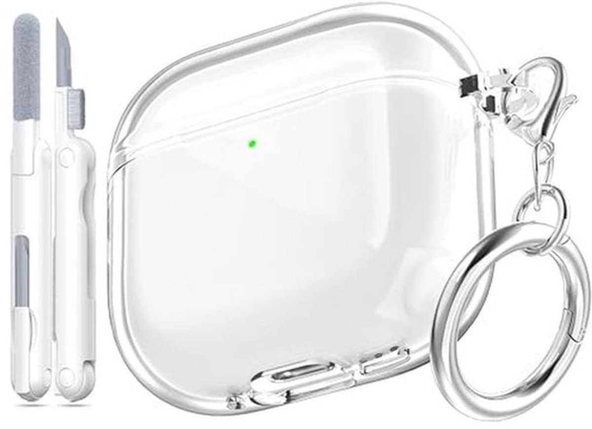Schokbestendige zachte TPU-hoes voor AirPods 4e generatie - helder wit met reinigingsset en ronde gesp