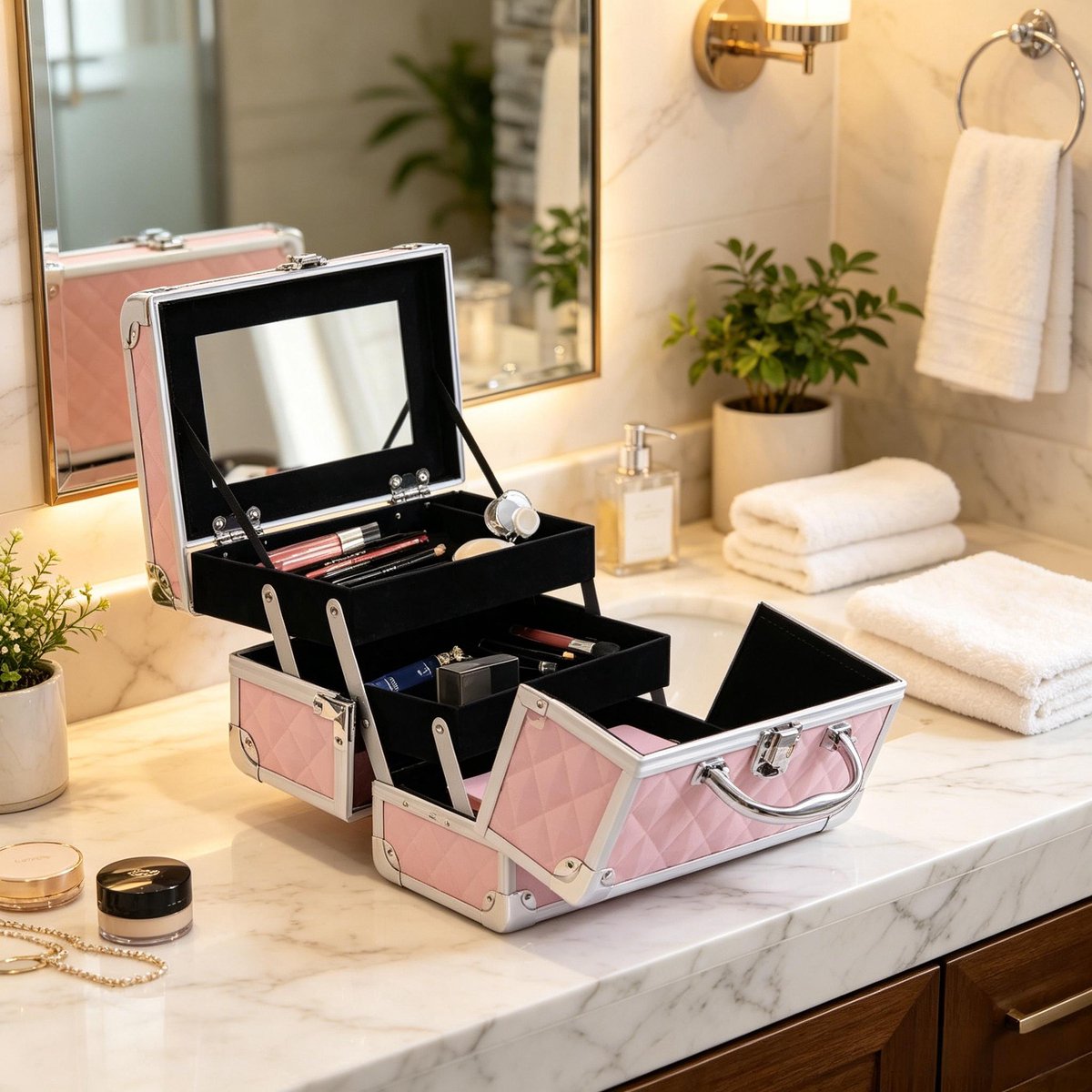 MODENUIT Beautycase – 3-Laags Opbergvak – 20 x 15 x 15 cm – ABS en Aluminium – Roze – Met Slot en Spiegel