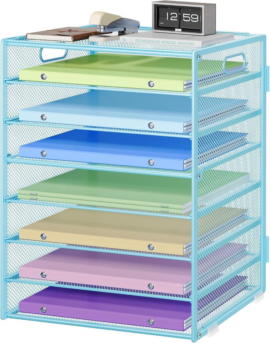 8-laagse stapelbare papier- en documenthouder, metalen netwerk bureau-organizer voor kantoor, thuis en school (blauw)