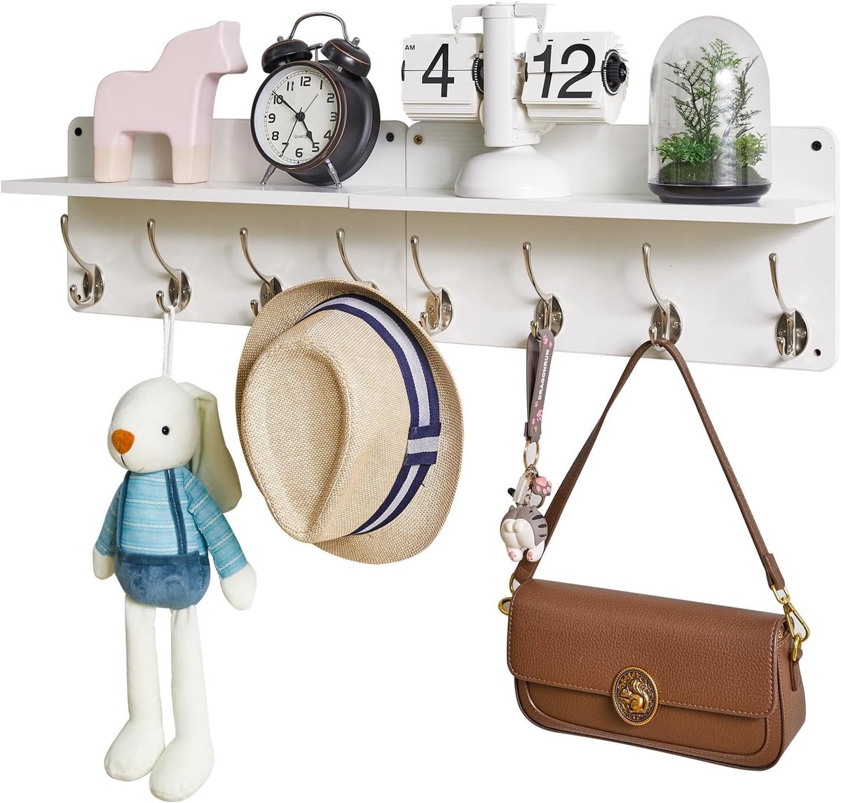 Set van 2 Wandplanken met Opbergruimte en 8 Dubbele Haken voor Kleding, Hoeden en Tassen - Ideaal voor Hal en Slaapkamer, Wit