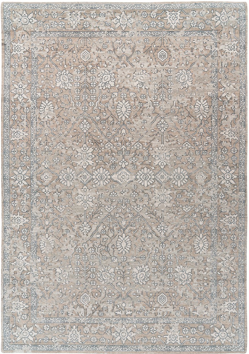 Padiro laagpolig vloerkleed 120 x 170 cm - khaki / beige - vintage patroon - geschikt voor vloerverwarming - van katoen en polyester