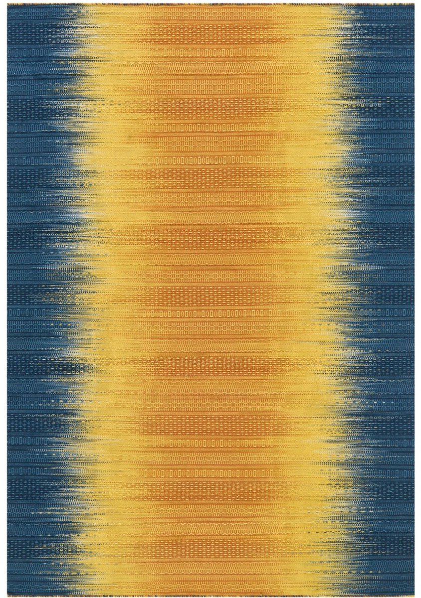 Padiro vlakgeweven vloerkleed 90 x 160 cm - geel / blauw - modern streeppatroon - geschikt voor vloerverwarming - van wol en katoen