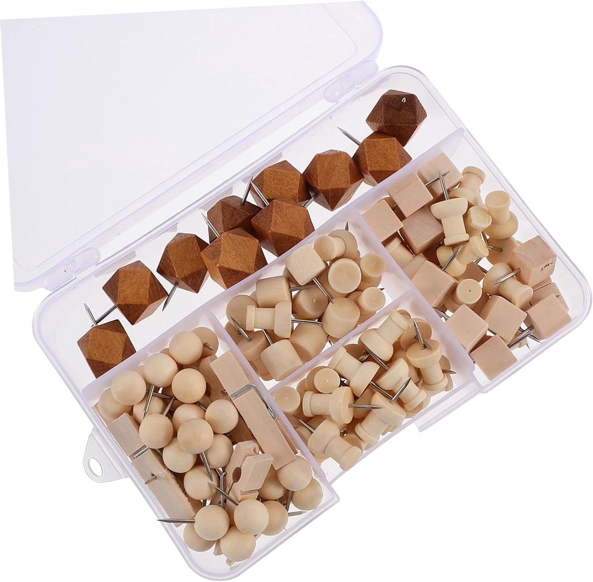 Houten Punaises Set - Decoratieve Spelden - Kaarten Markeren - Natuurlijk Hout Materiaal - 128 Stuks - Multicolor