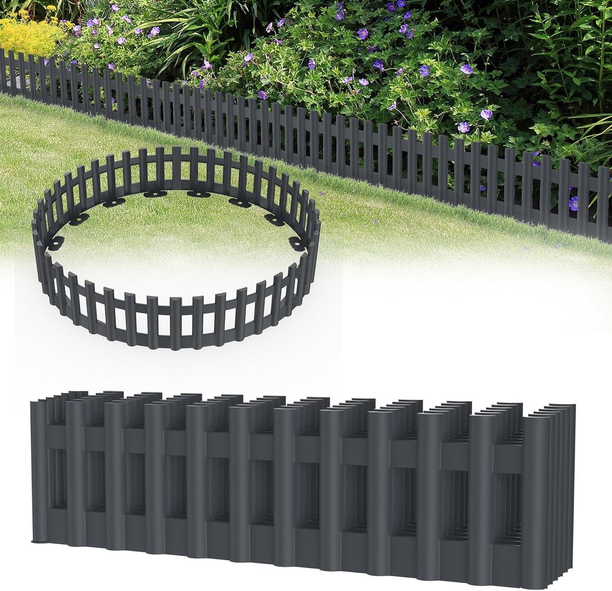 Gazonranden Set - Bloembedomranding Palissade - Tuin Afbakenen - Natuurlijke Houtlook - 12 Stuks - Antraciet