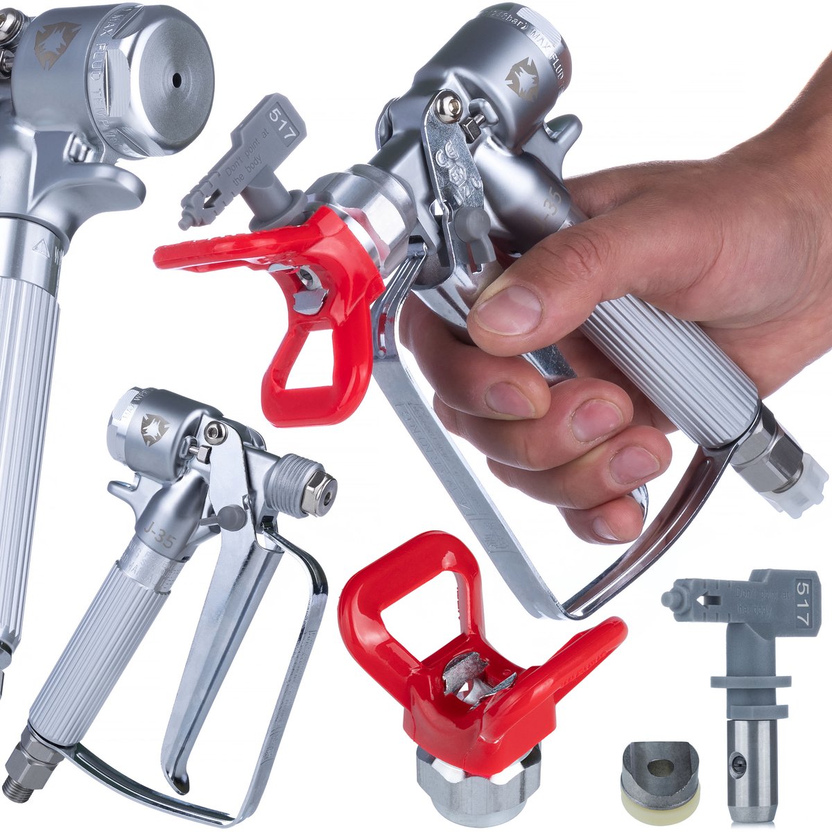 Rosfix Pistool Airless Verfspuit MJ1 - Spuitmond Hi-Flow 517, Rvs Spuitkap - 3600psi, 1/4" Aansl.