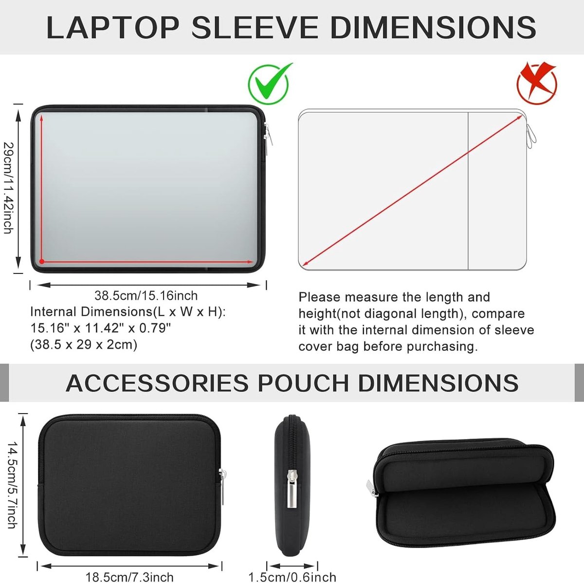 15.6 Inch Laptop Sleeve - Beschermende Tas met Voorvak voor Ultrabook en Chromebook - Zachte Draagtas voor Notebook en Accessoires (Zwart) thumbnail 4