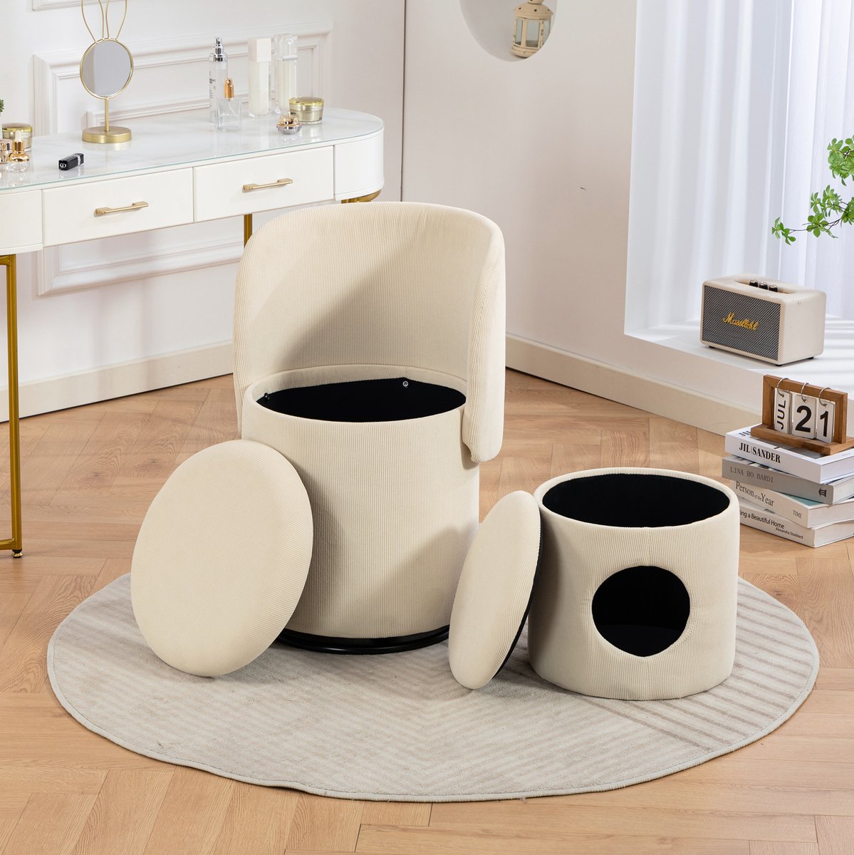Wishdor Ronde hocker - Draaibaar 360° - Gestoffeerd - Opbergruimte - Voor binnen - Design - Ribstof - Beige - 42 x 42 x 75 cm