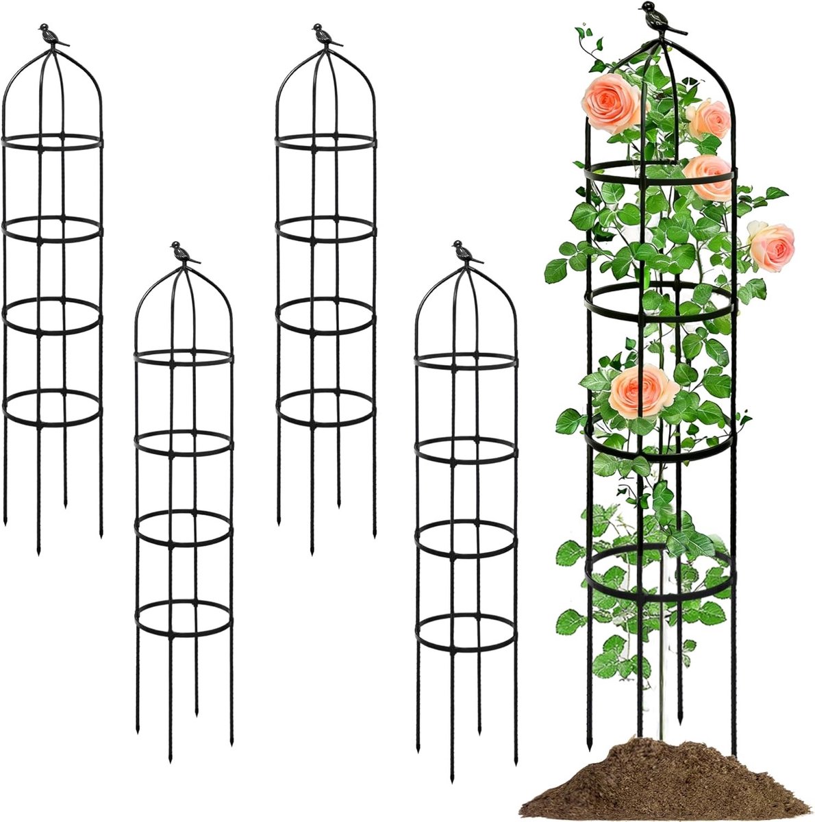 Weerbestendige Klimsteun van Metaal 175 cm voor Rozen en Bloemen, Vrijstaande Obelisk voor Klimplanten, Decoratieve Tuinaccessoire met een Diameter van 32 cm