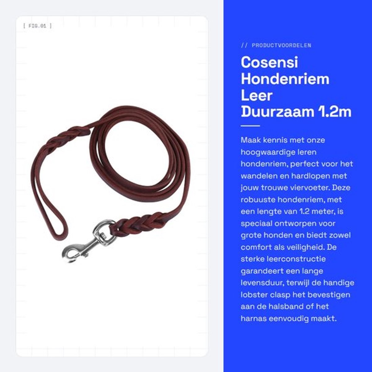 Hondenriem Heavy Duty - Lederen Riem - 1,2 Meter - Karabijnhaak met Veiligheidsslot - Duurzaam - Perfect voor Wandelen/Joggen - Hondentuig