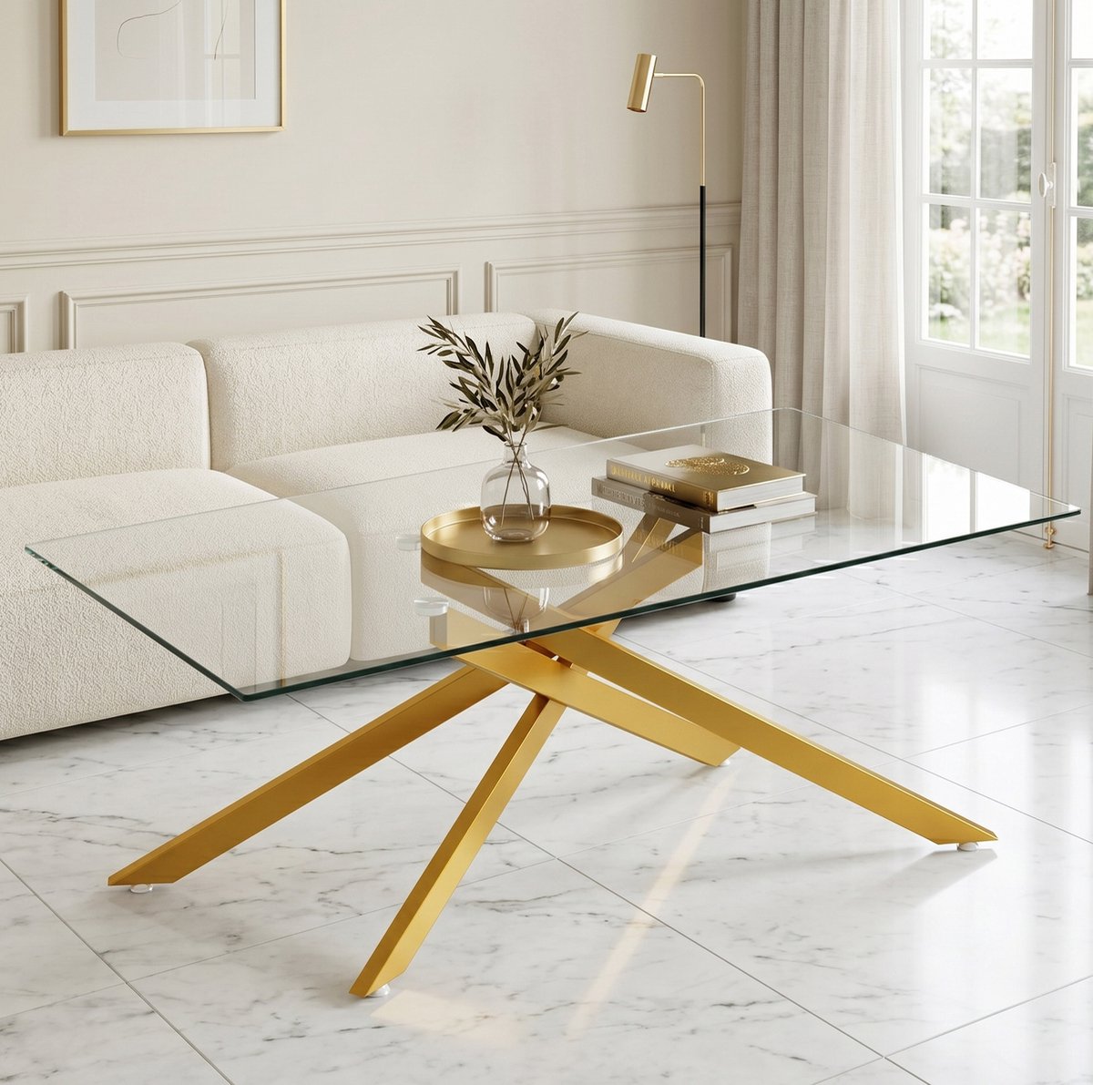 DESMIU Salontafel - Geharde Glasplaat Met Gouden Metalen Kruisframe - Modern Voor Woonkamer En Lounge - Glas En Metaal - 120x60x46 Cm