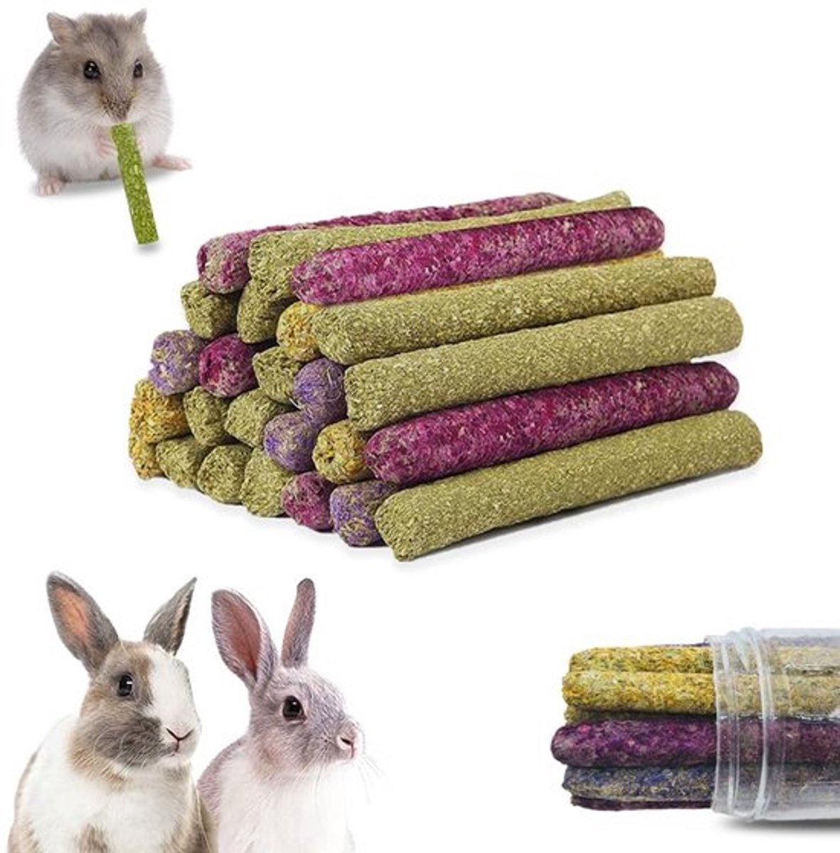 Kauwspeelgoed 43 Stuks - Timothy Hooi Sticks - Traktaties voor Konijnen/Cavia's - Vezelrijk en Eiwitarm - Bloemgras-Stokjes - Gezond voor Spijsvertering - Dierenvoer