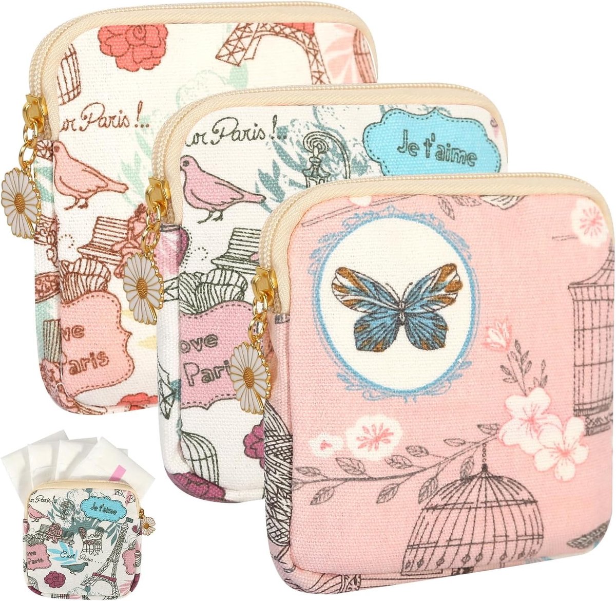 Opbergtas voor maandverband en tampons - Vogelroze-Torenblauw - 3 Stuks - Canvas - Voor Meisjes en Tieners