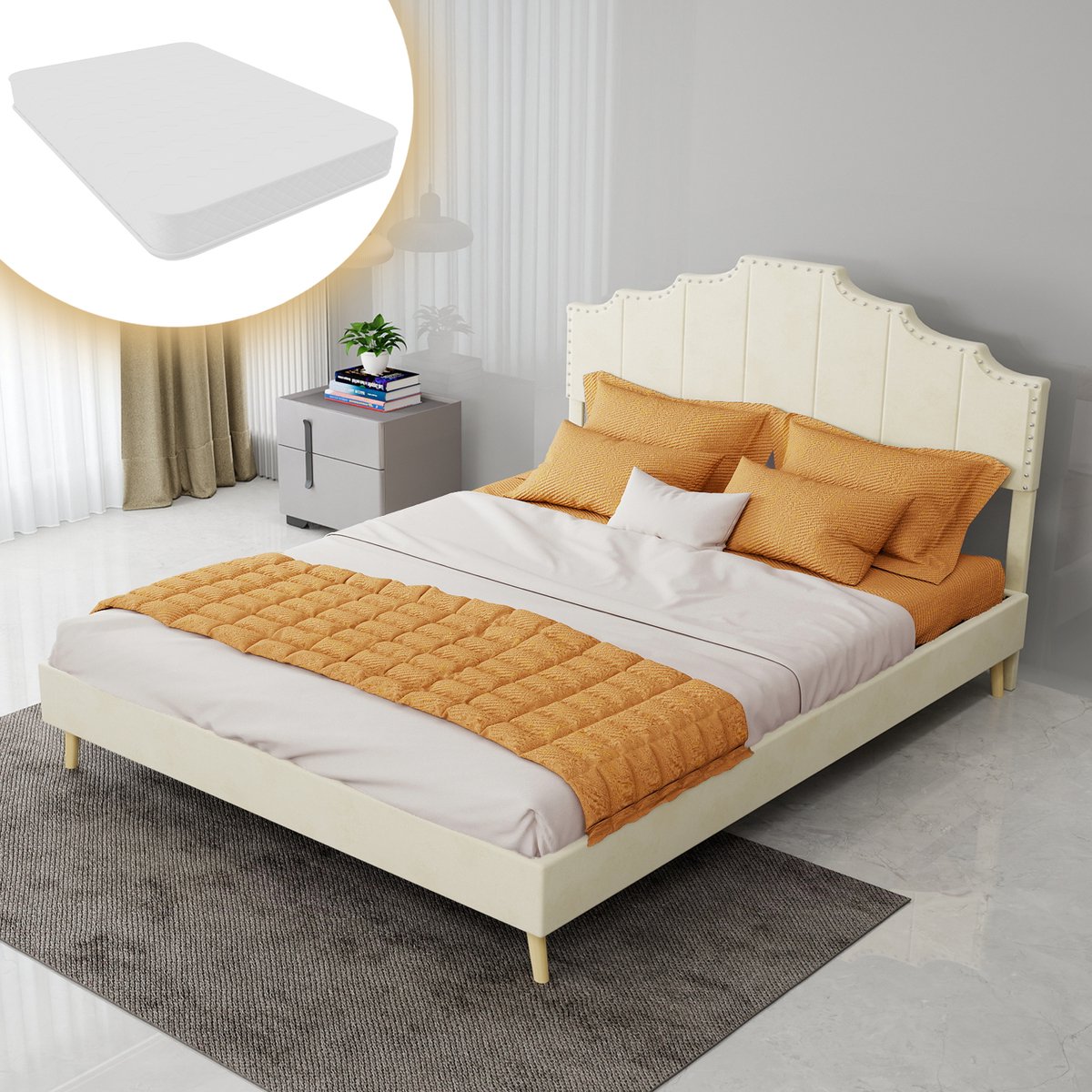 COVREO Bed 140x200 cm beige stof, met matras en lattenbodem voor volwassenen