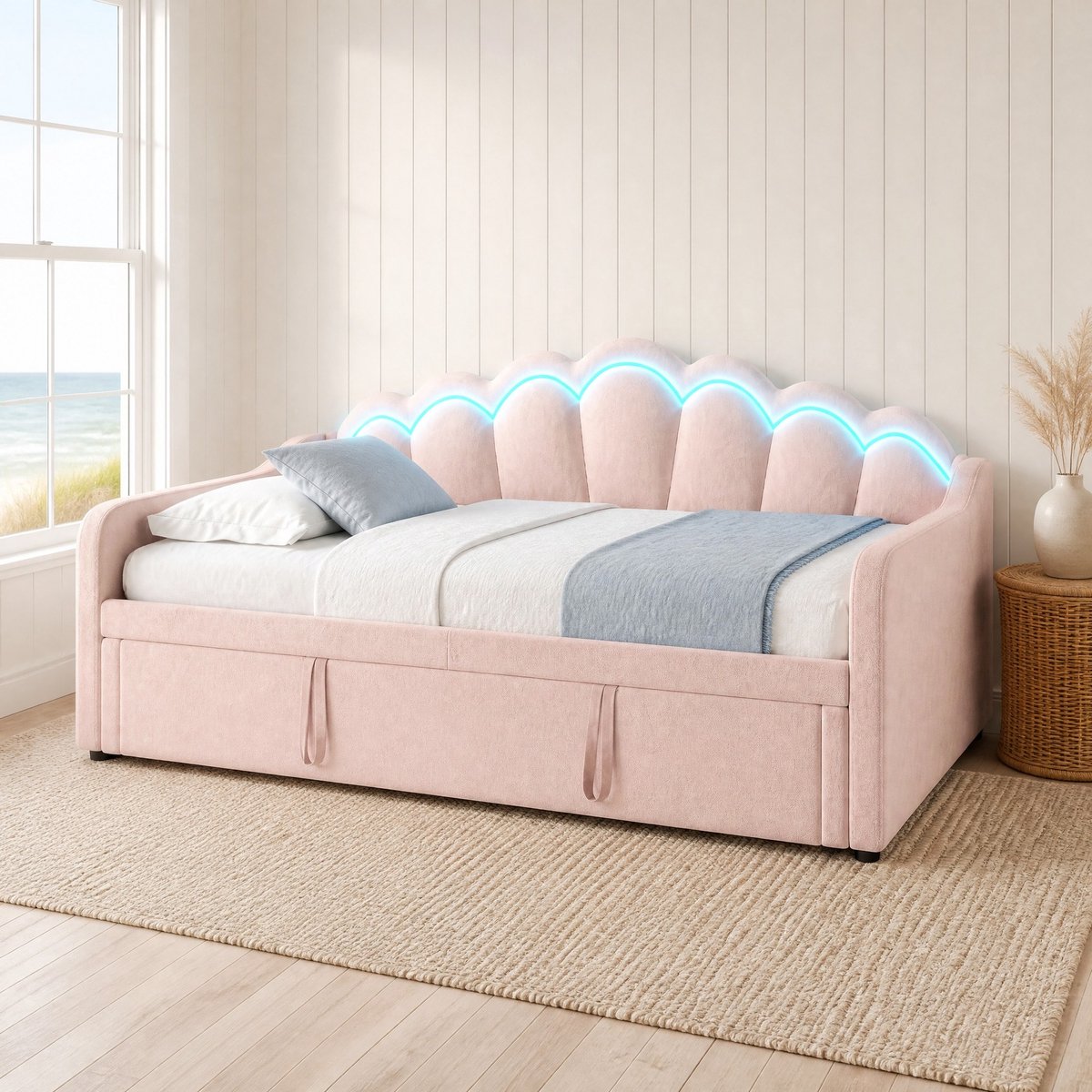 COVREO Slaapbank 211x186,5x82 cm roze velvet, met LED-verlichting en MDF Pink