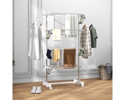 MIVRAY Droogtoren – Inklapbaar Met Wielen En Remfunctie – 142 x 55 x 172 cm – Staal En Kunststof – Wit – Met 4 Lagen En Zijvleugels
