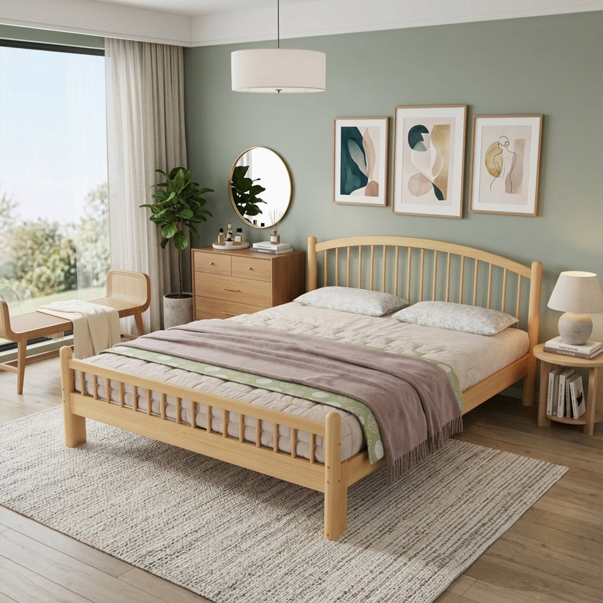 Wishdor houten bedframe 140x200 cm - Minimalistisch gitter hoofdbord - Lattenbodem - Naturel - Stabiel en tijdloos