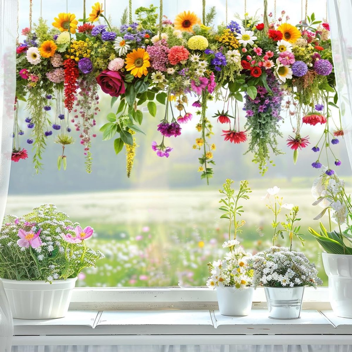 Kleurrijke raamstickers met bloemenboeket - Bloemmotief voor Glas - Zelfklevende Raamdecoratie - Decoratieve raamstickers voor kamerglas - Herbruikbaar - Voor huis keuken badkamer en kantoor - 30 x 60 cm - A