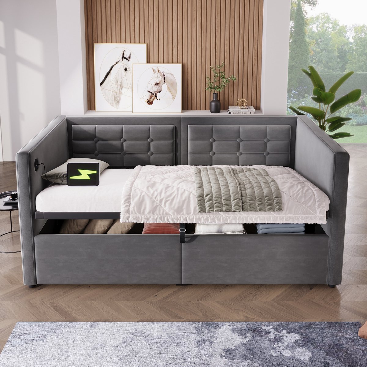 Sweiko Slaapbank - 90 x 200 cm - Opbergruimte - USB/Type-C - Velvet - Grijs