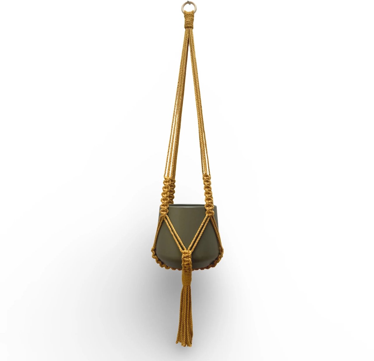 Plantenhanger 'Sula' - Kies Kleur en lengte - Okergeel - 80 cm lang - Katoenkoord - Geschikt voor Pot met Diameter t/m 25 cm - Handgemaakt in ons Macramé Atelier - Prijs per Stuk - Let op: Exclusief Pot - Inclusief Verzendkosten