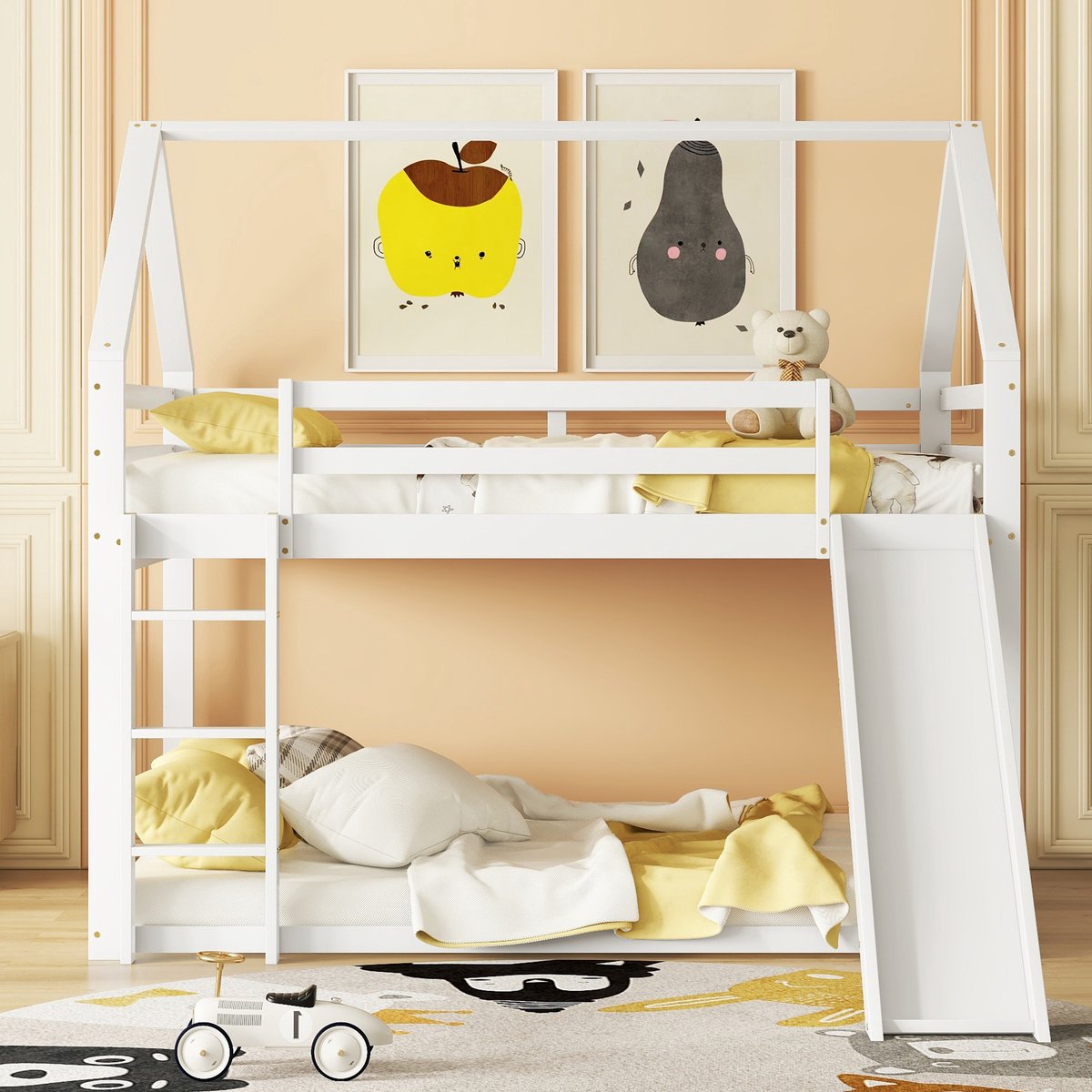 COVREO Stapelbed 270x145x189 cm wit, hout en MDF, met glijbaan en ladder