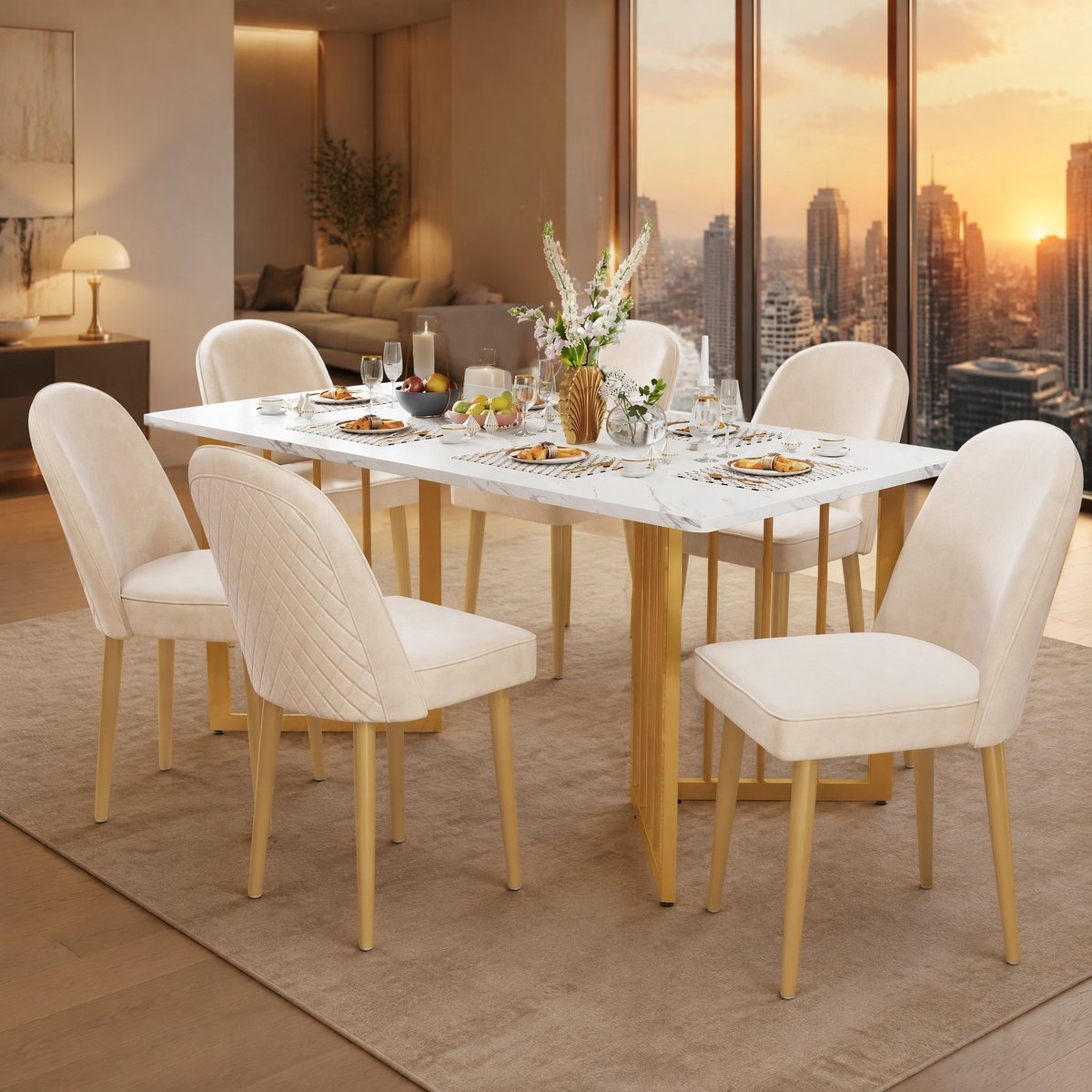 COVREO Eetkamerstoel set van 6, 50x62x89 cm beige velvet, metalen poten