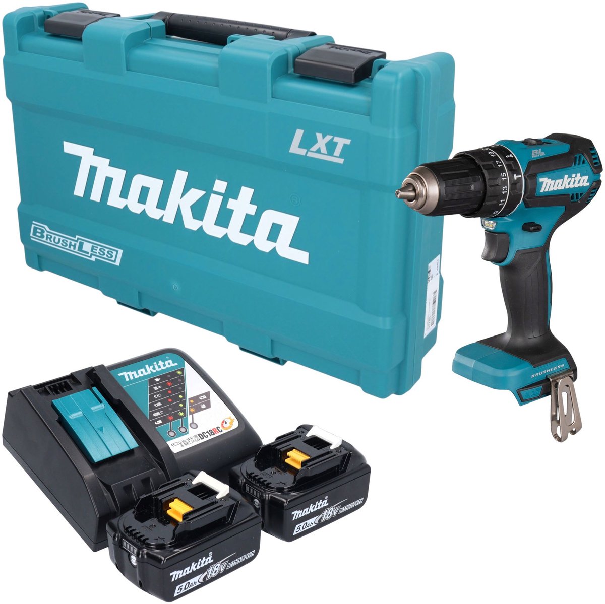 Makita DHP 485 RTK accu-slagboormachine 18 V 50 Nm borstelloos + 2x accu 5,0 Ah + oplader + koffer