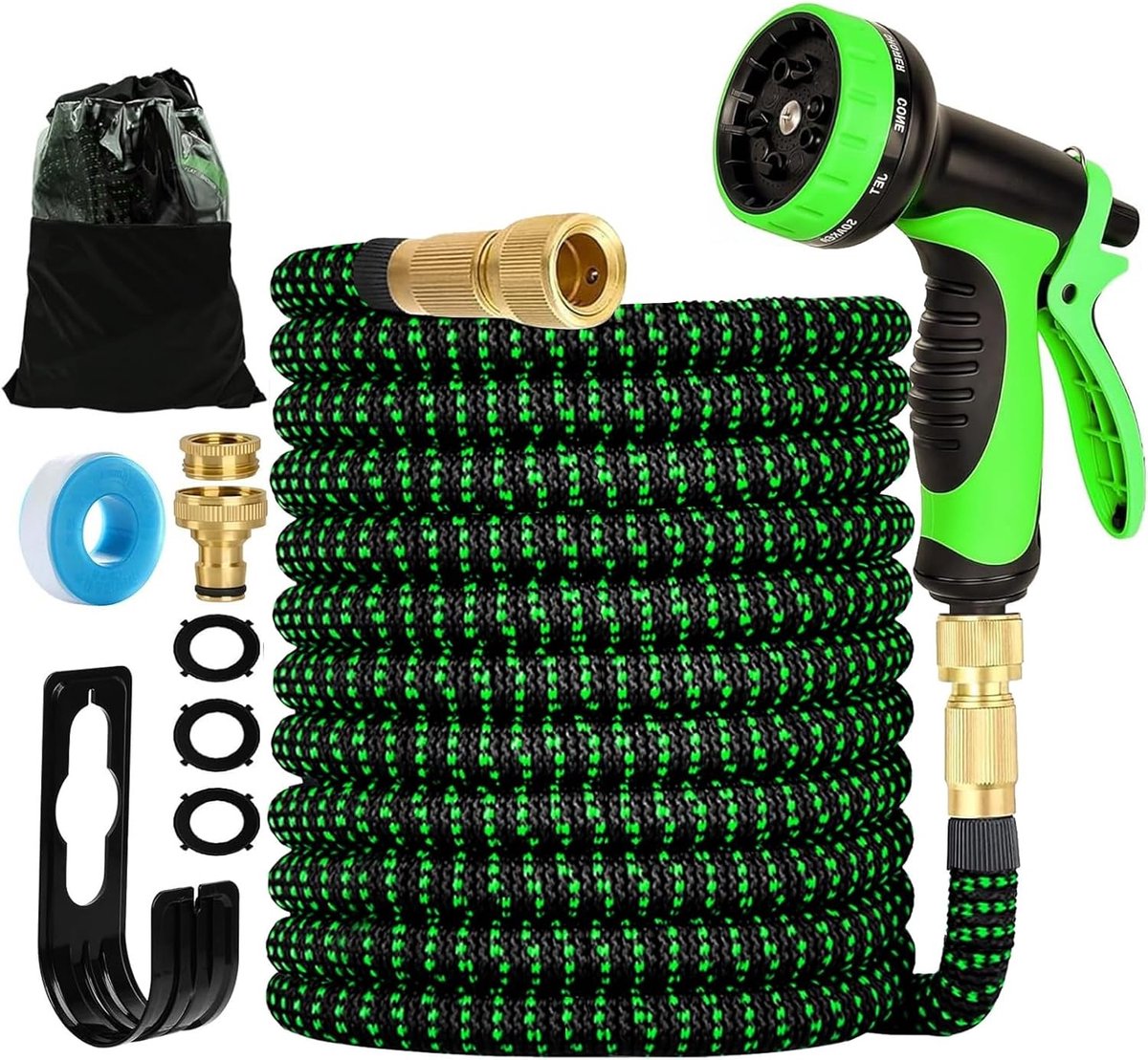 Tuinslang 30 meter - Groen - 30 Meter - Uitrekbare Latex Tuinslang met 10 Sproeimodellen - Voor Tuin en Reiniging