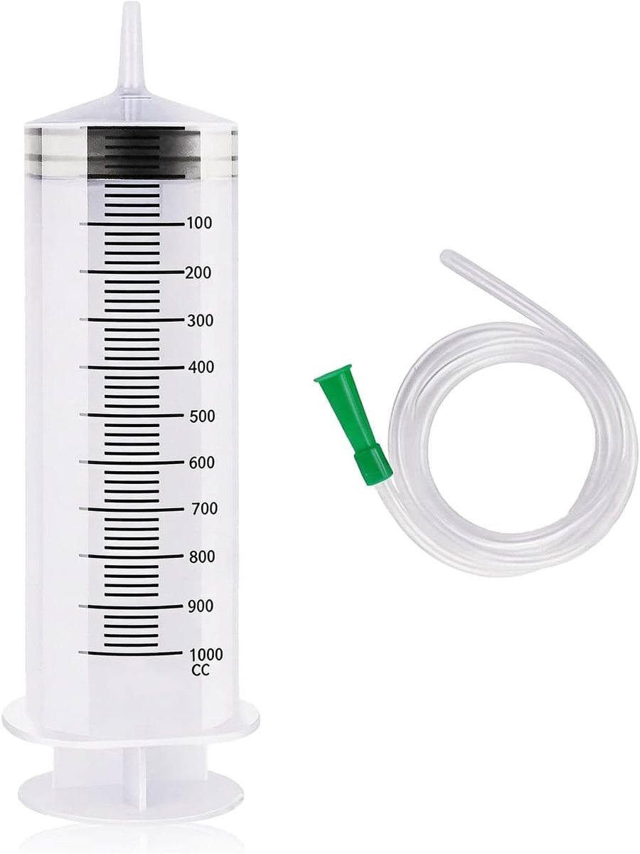 Grote herbruikbare kunststof spuit van 1000 ml met slang voor remvloeistof en motorolie, ideaal voor ontluchten en tuinieren