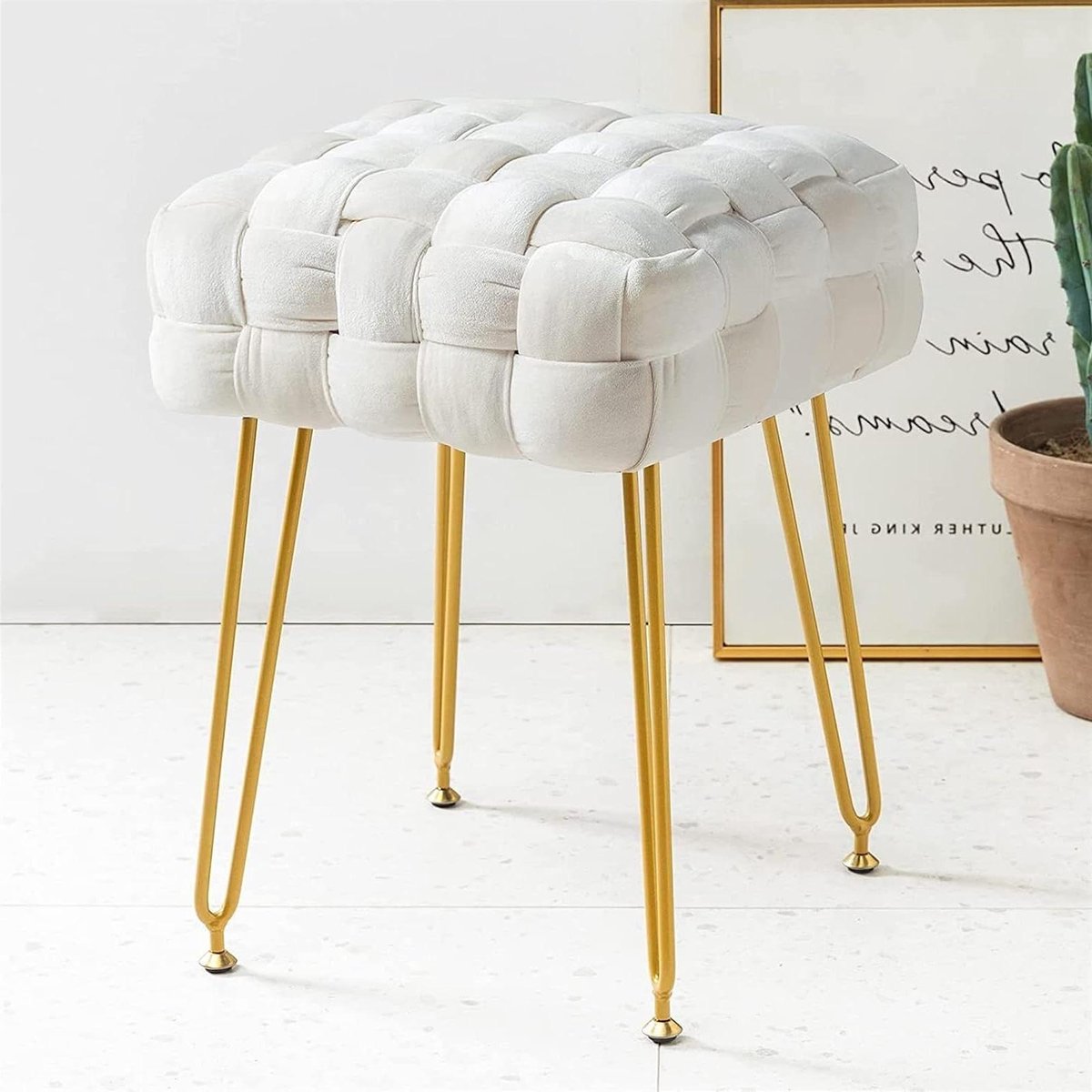 Ottomaanse Poef - Voetenbankje Hocker - Ontspannen Zitten - Stabiele Metalen Poten - 38x38x43cm - Beige