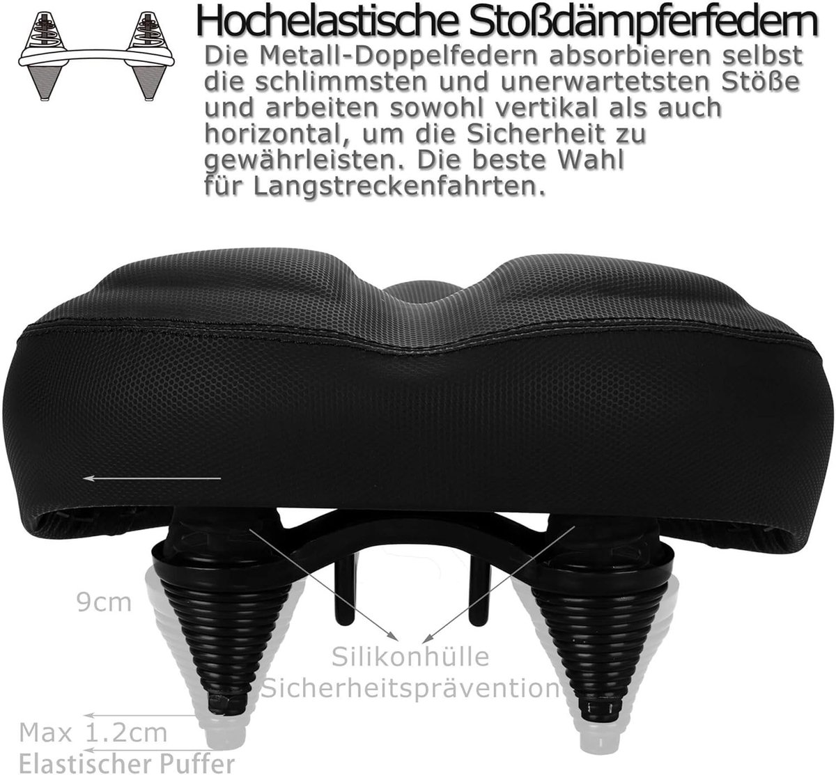Comfortabel ergonomisch fietszadel - Zwart - Extra groot - Met traagschuim en dubbele vering - Voor dames, heren en senioren