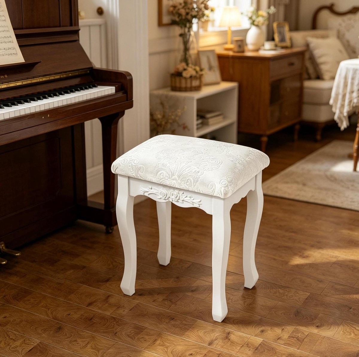 MODENUIT Hocker – 37 x 29 x 48 cm – Gepolsterde Zitting – MDF en Kunststof – Crèmewit – Voor Binnen
