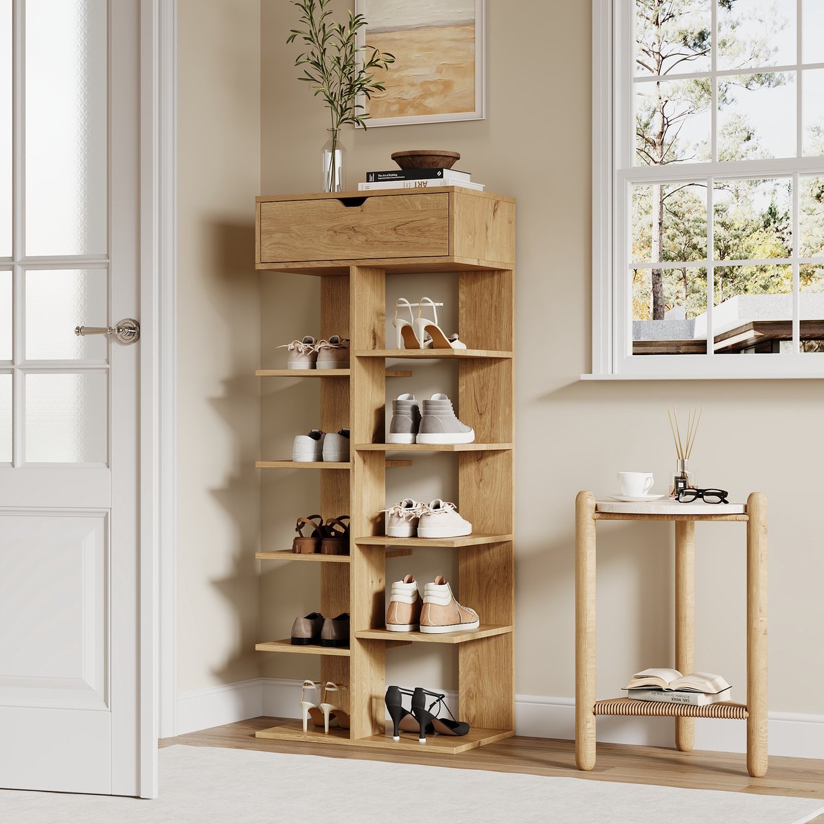 Pugsdrly Moderne multifunctionele schoenenkast, open schoenenrek met 1 lade en 10 opbergvakken, schoenenkast voor in de hal, houtkleur, 55×33×133 cm