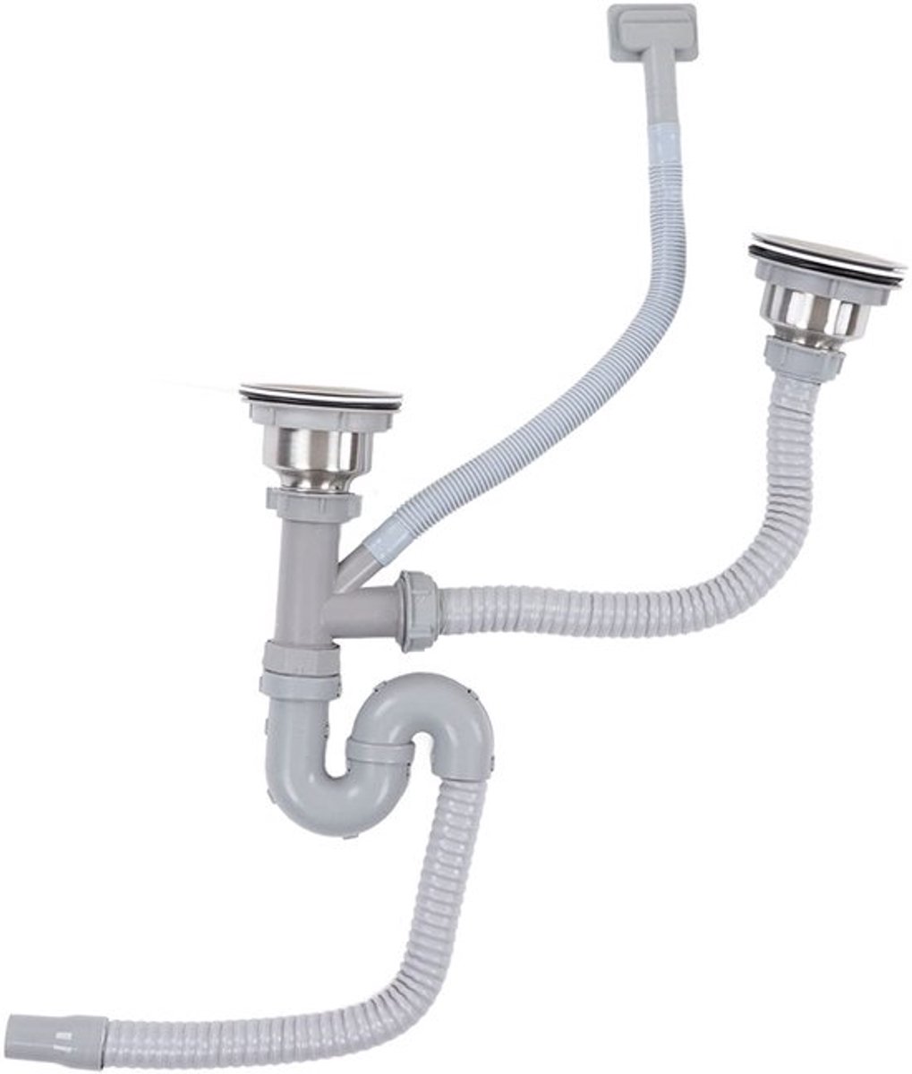 Afvalsifon Dubbele Wastafel - Flexibele Gootsteenafvoer - Roestvrij Staal - ABS - 12 Accessoires - Snelle Afwatering - Afvoergarnituur