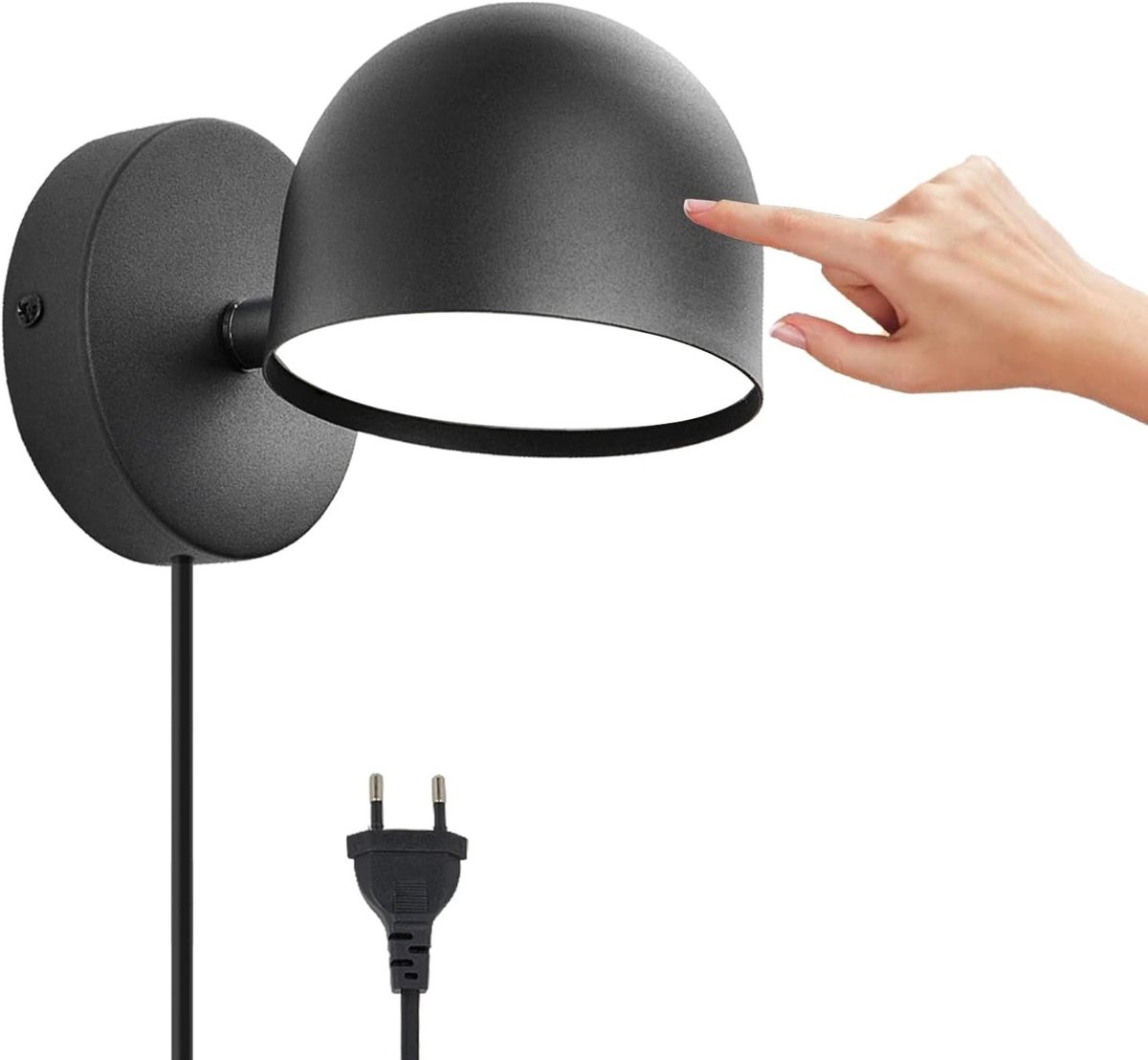 Wandlamp met Stekker - Zwart - LED Touch Dimbaar - Voor Slaapkamer, Woonkamer en Kantoor