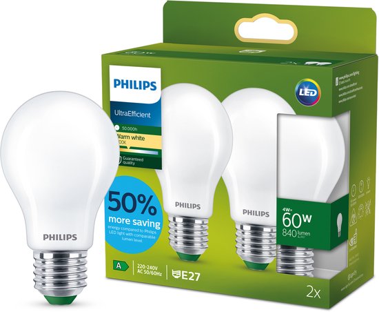 Boîte avec deux ampoules LED Philips UltraEfficient, E27, 60W, 840 lumens, lumière blanc chaud.