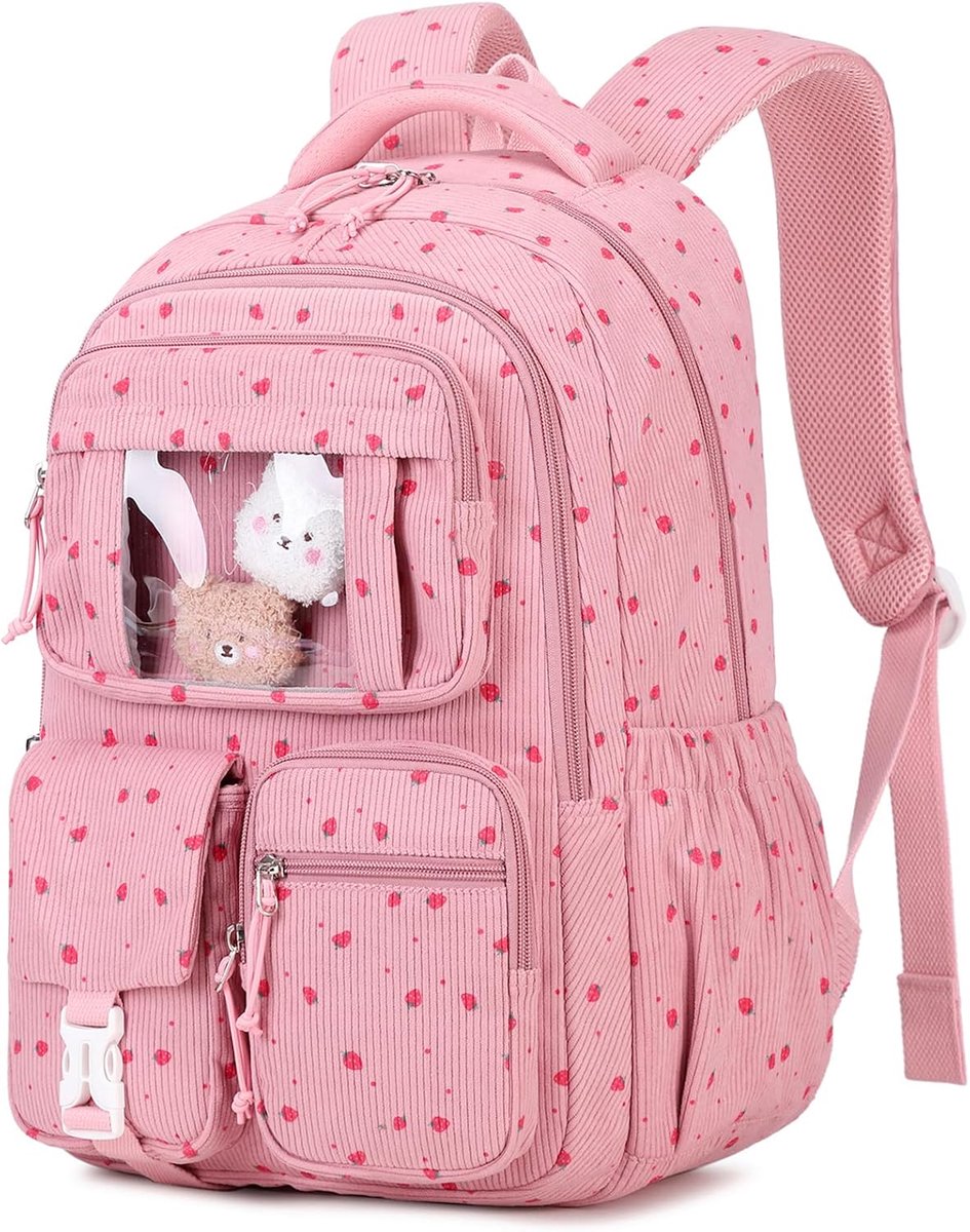 Meisjes Rugzak – Corduroy Schoolrugzak – 15 Inch Laptopvak – 17 × 33 × 47 cm – Met Berenbroche & Meerdere Vakken – Roze met Roze Aardbeien – Voor School, Reizen & Dagelijks Gebruik