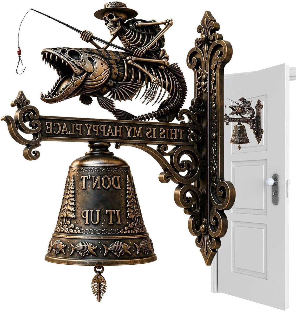 Skelet Visser Wandbel - Gothic Decoratie Bel - Tuin Aankleden - Gotisch Skelet Ontwerp