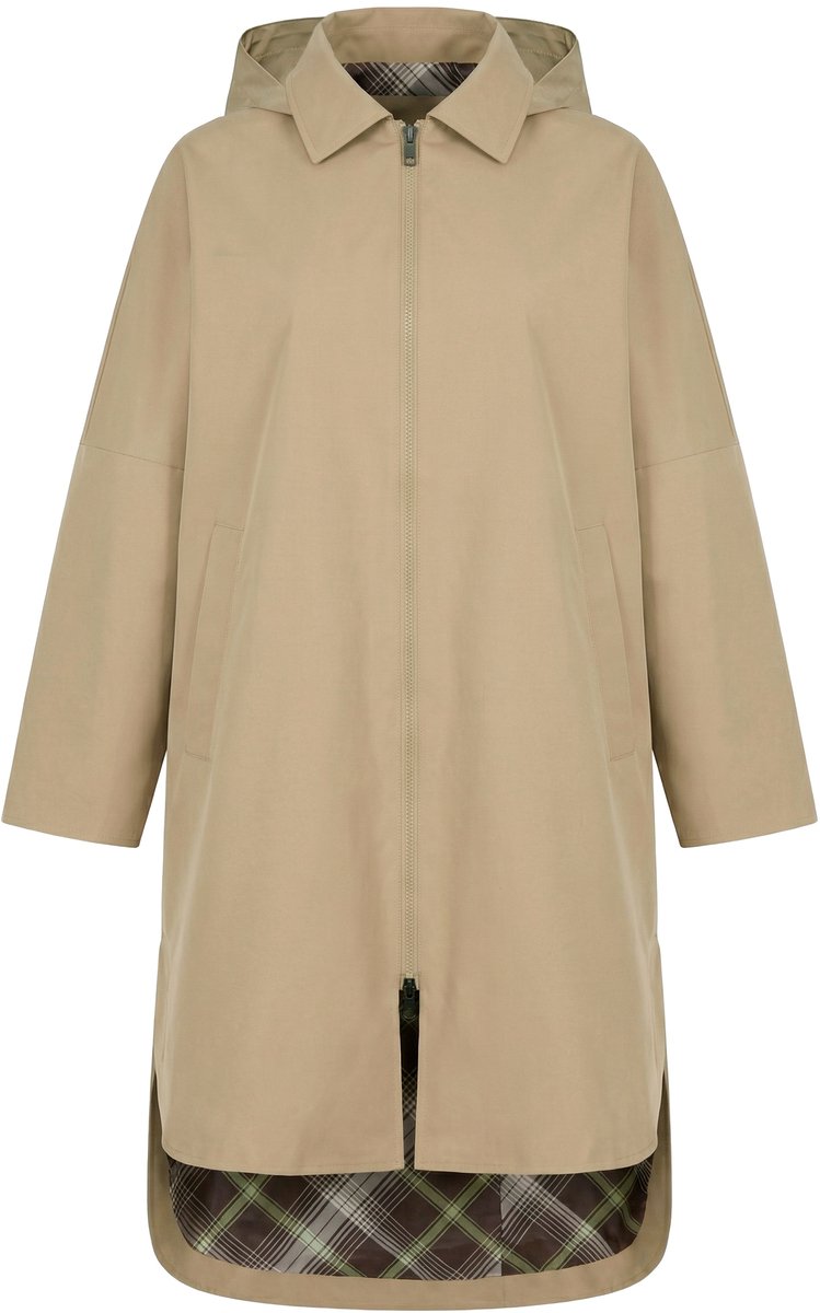 Ulla Popken - Dames - Jas overhemdkraag oversized capuchon geruite voering - Zandsteen - Maat 58+